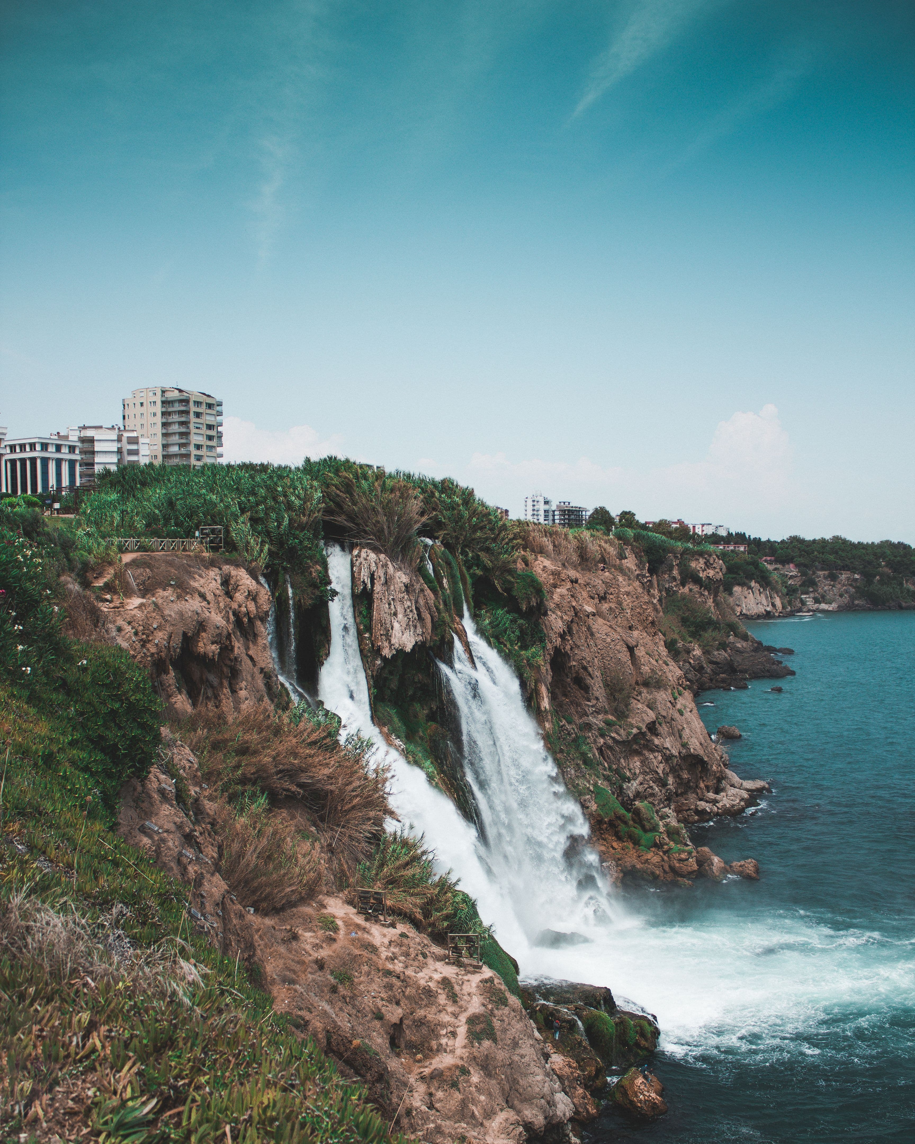 The Düden Waterfalls falling from coastal cliffs into the sea in Antalya