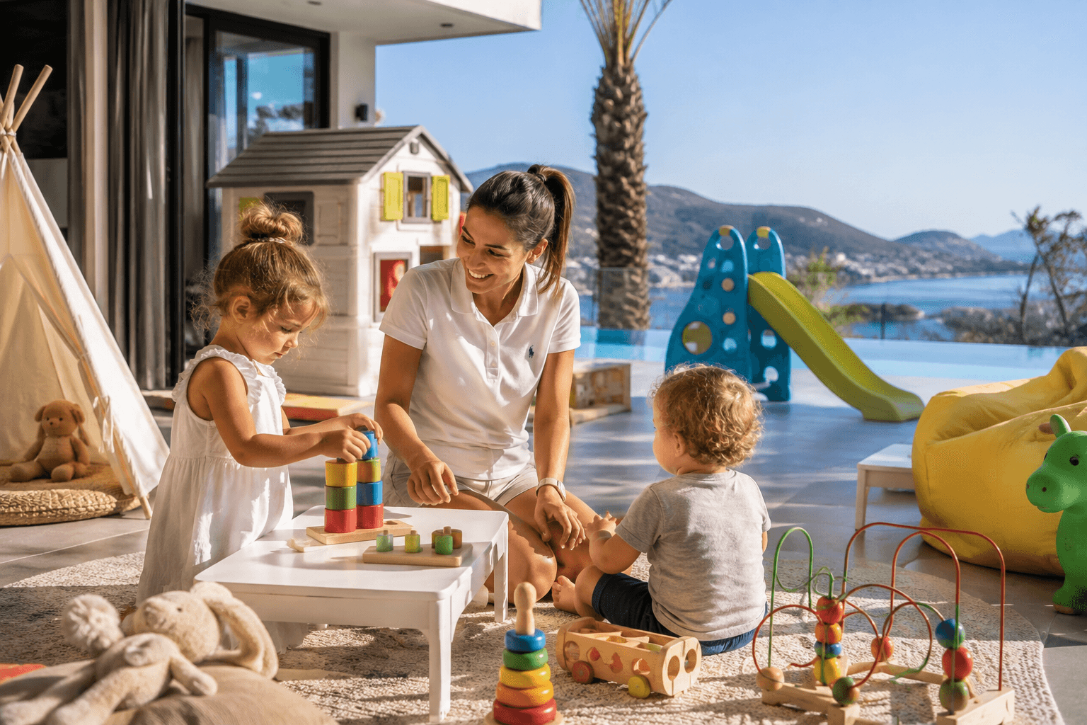A caregiver playing with two young children on a villa terrace, with a pool and sea view behind them