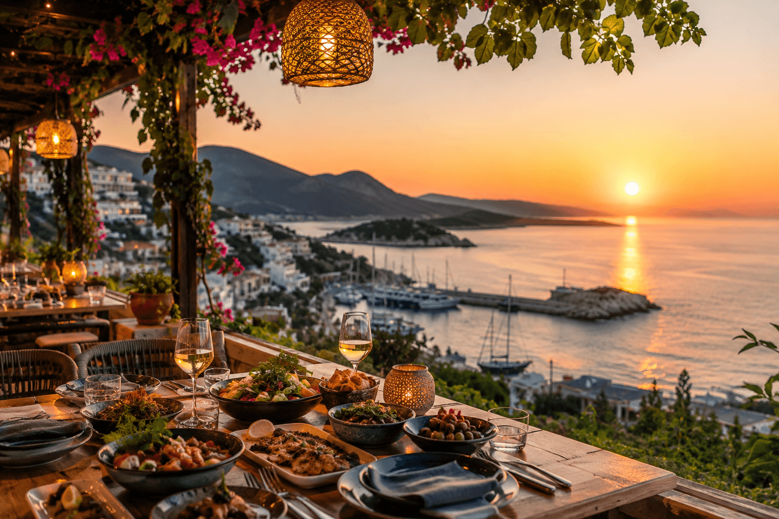 A dining table set on a terrace at sunset, overlooking a marina and the coast
