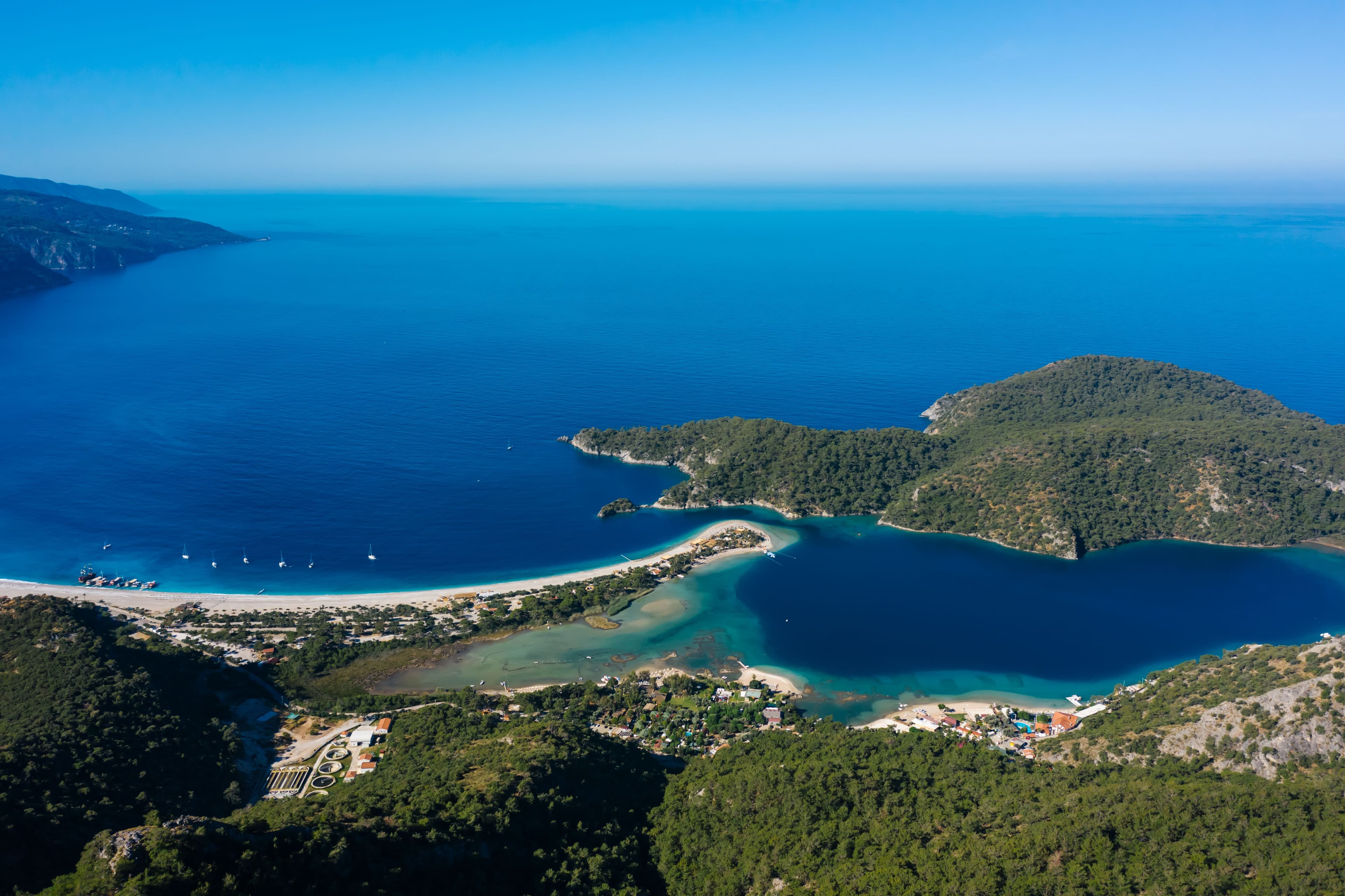 An aerial view of the Blue Lagoon and beach at Ölüdeniz, near Fethiye