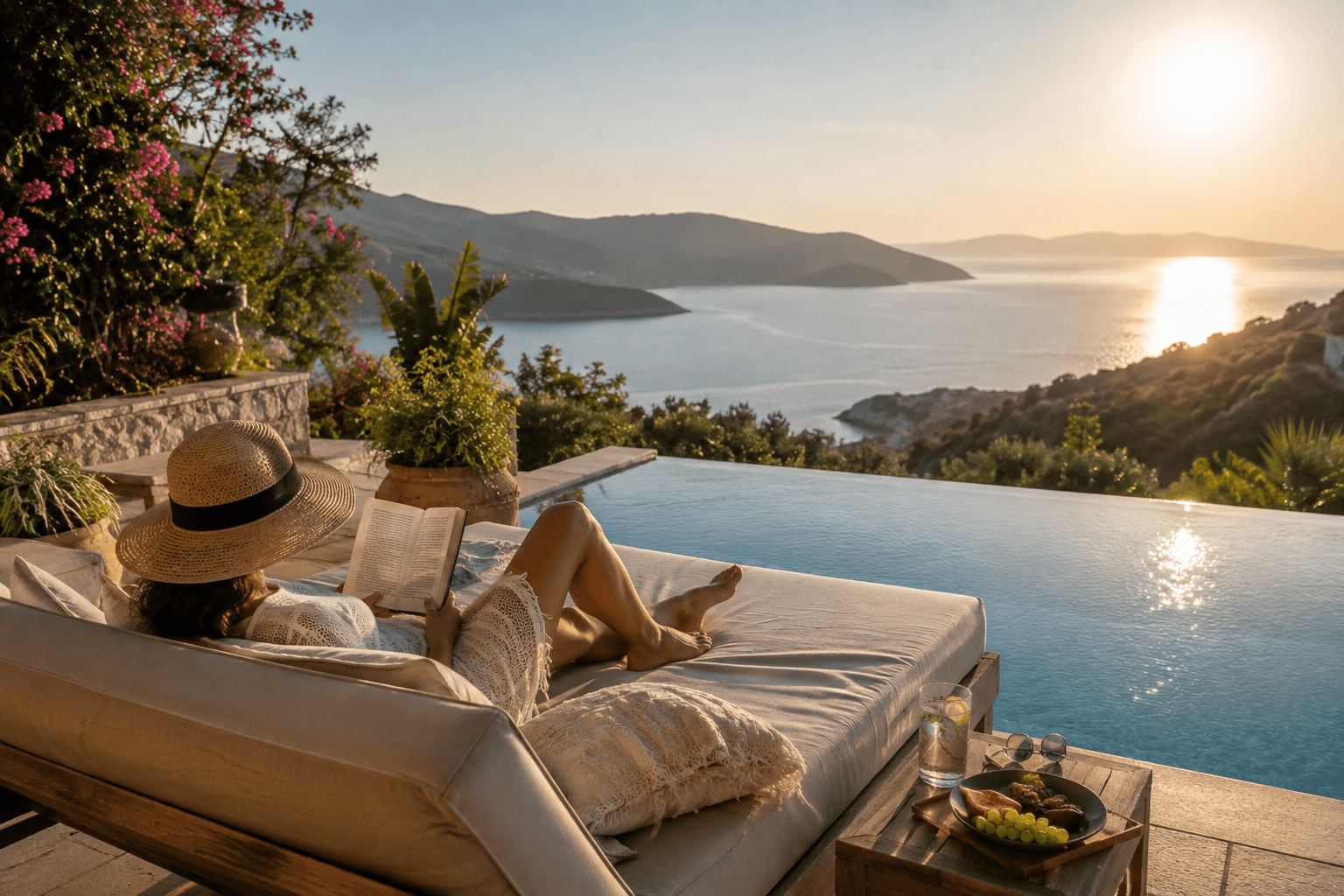 A woman relaxing on a daybed with a book beside an infinity pool, overlooking the coast at sunset