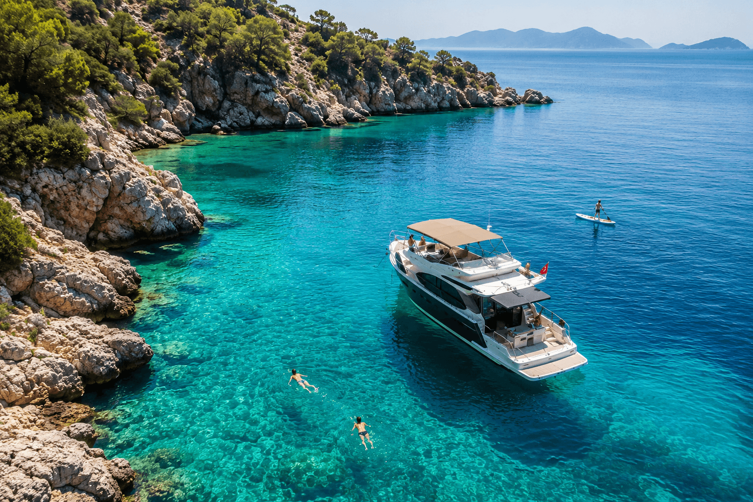 A private yacht anchored in a turquoise cove, with swimmers in the water and a paddleboarder nearby
