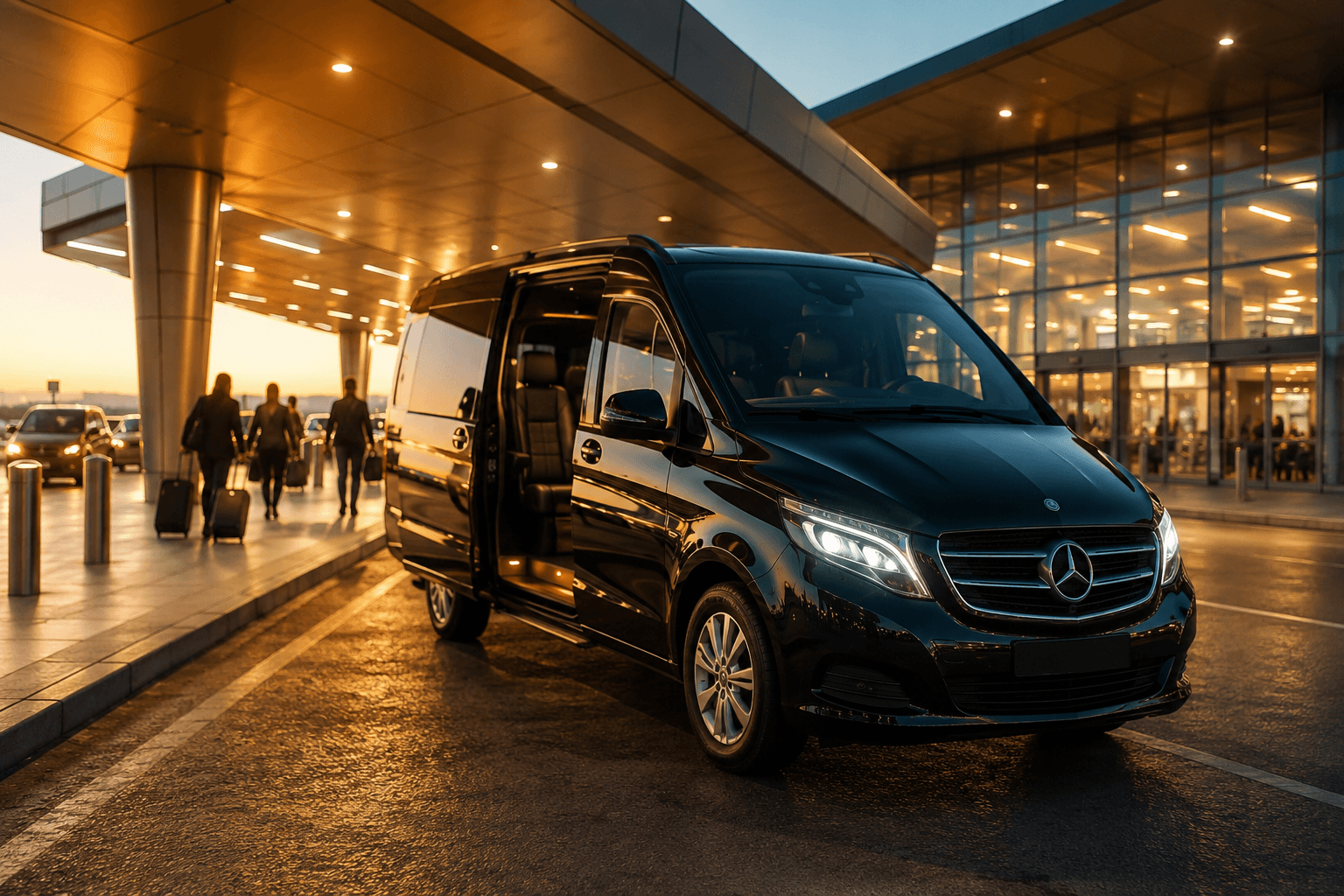 A private transfer vehicle waiting at the airport terminal at dusk, with guests arriving